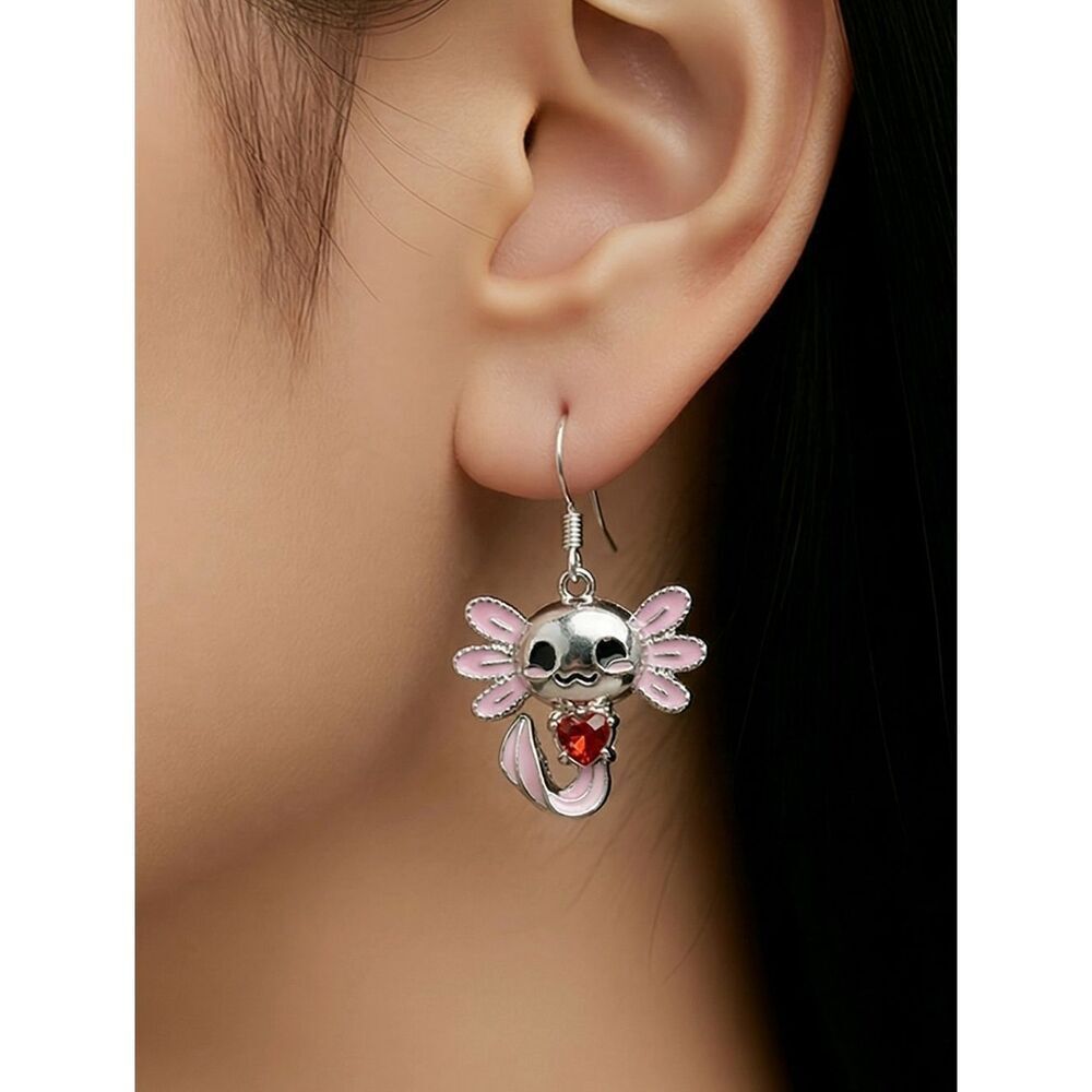 Pink Axolotl Earrings Kawaii Anime Salamander Dangle Cute Cartoon Novelty Gift